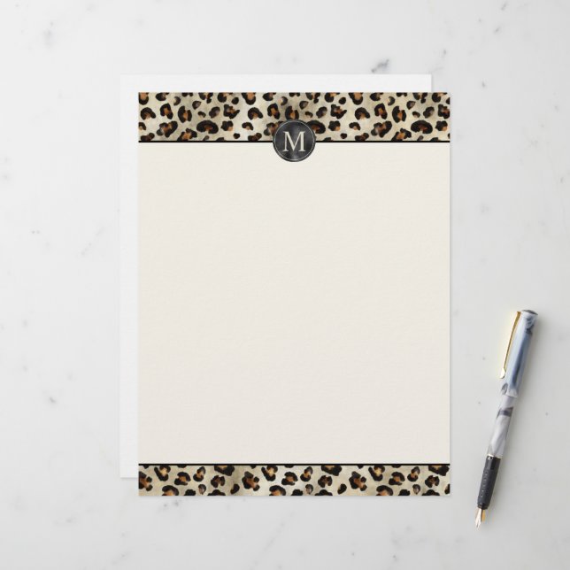 Leopard Animal Print With Black Faux Foil Monogram Custom Letterhead (Front/Back In Situ)