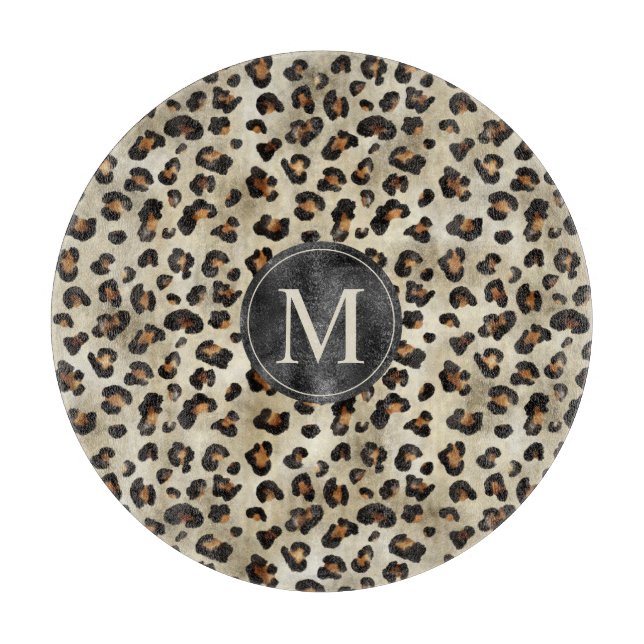 Leopard Animal Print With Black Faux Foil Monogram Cutting Board (Front)