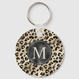 Leopard Animal Print With Black Faux Foil Monogram Key Ring