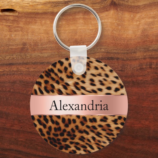 Leopard Animal Rose Pink Ribbon Name Key Ring (Front)