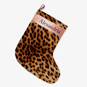 Leopard Animal Rose Pink Ribbon Name Large Christmas Stocking