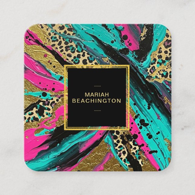 ** Leopard AP93 Abstract Animal Neon Gold Bold Square Business Card (Front)