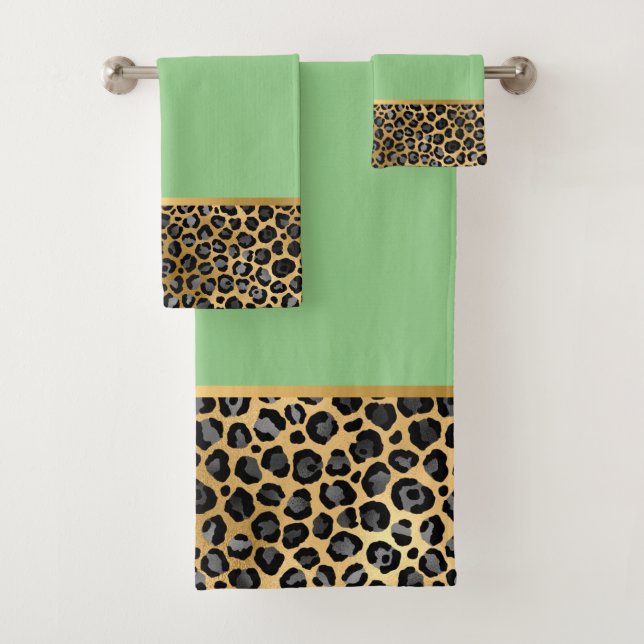 LEOPARD APPLE GREEN GOLD BATHROOM TOWEL SET (Insitu)
