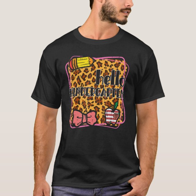 Leopard Apple Hello Kindergarten First Day Of Teac T-Shirt (Front)