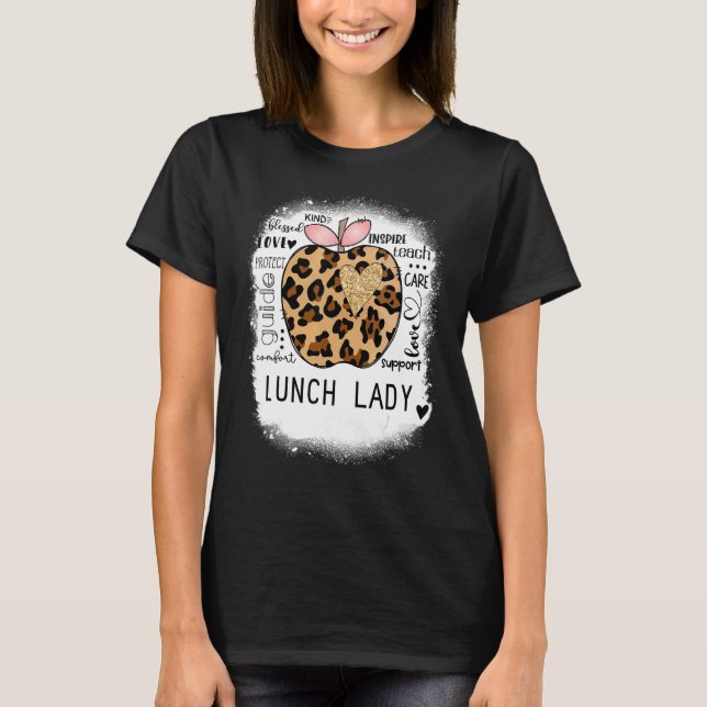 Leopard Apple Inspire Teach Bleached Lunch Lady Co T-Shirt (Front)
