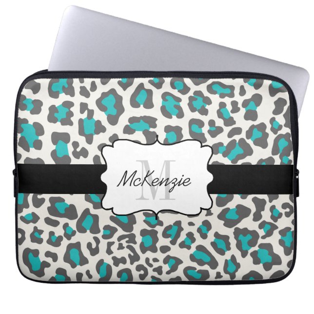 Leopard Aqua Grey White Neoprene Laptop Sleeve (Front)