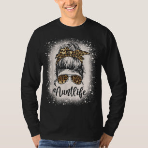 Leopard Aunt Life Messy Bun Bleached Auties Girl M T-Shirt