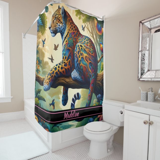 Leopard Aura: Colourful Motion Serenity Shower Curtain (In Situ)