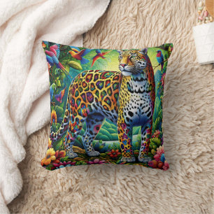 Leopard Aura: Tropical Birds Surrounding Cushion