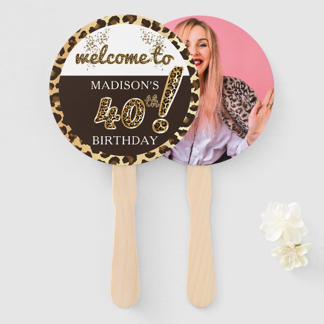 Leopard Balloon 40th Birthday Photo Personalised Hand Fan (Front and Back)