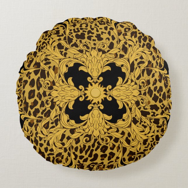 Leopard Baroque, Ornate Animal Print Round Cushion (Front)