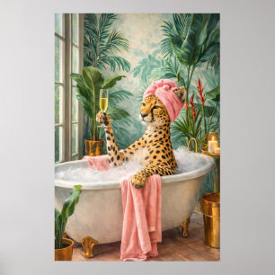 Leopard Bath Poster, Funny Animal Bathroom Art Poster