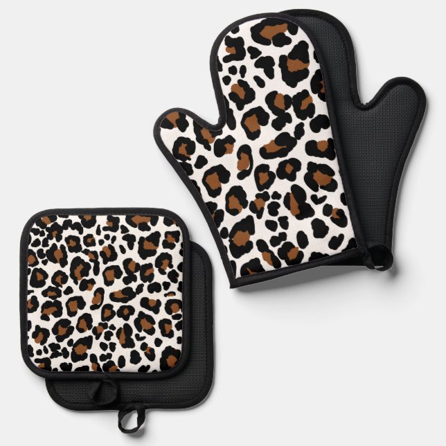 Leopard Big Cat Fur Pattern Print  Oven Mitt & Pot Holder Set (Front/Back)