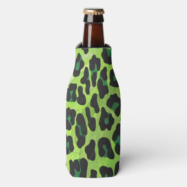 Leopard Black and Green Print Bottle Cooler (Bottle Front)
