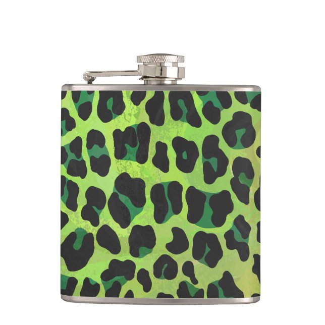 Leopard Black and Green Print Hip Flask (Front)