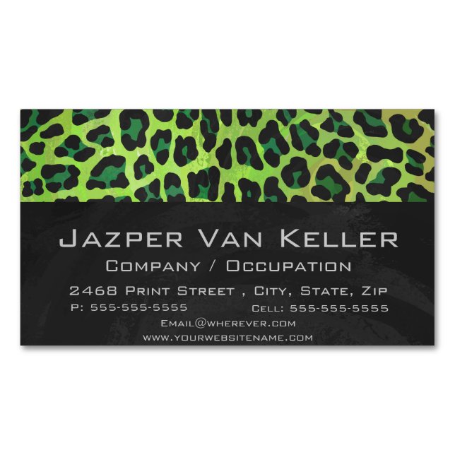Leopard Black and Green Print Magnetic Business Card (Front)