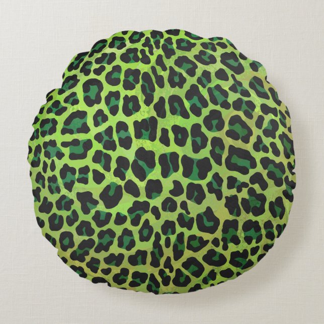 Leopard Black and Green Print Round Cushion (Front)