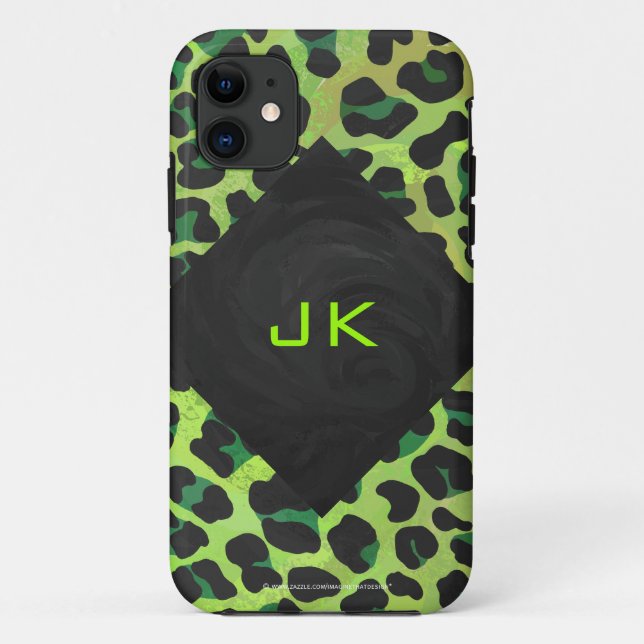 Leopard Black and Green with Monogram Case-Mate iPhone Case (Back)
