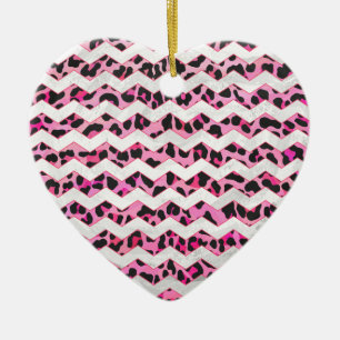 Leopard Black and Hot Pink Chevron Print Ceramic Ornament