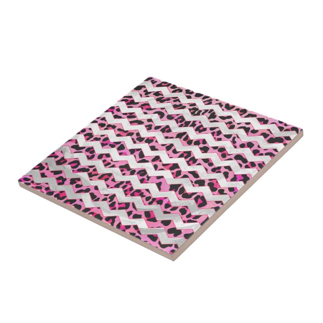 Leopard Black and Hot Pink Chevron Print Ceramic Tile (Side)