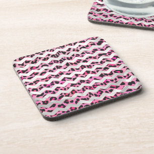 Leopard Black and Hot Pink Chevron Print Coaster
