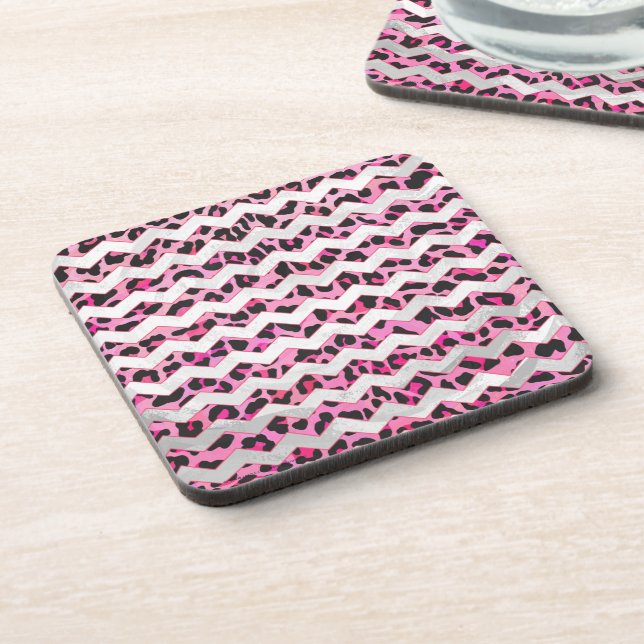 Leopard Black and Hot Pink Chevron Print Coaster (Left Side)