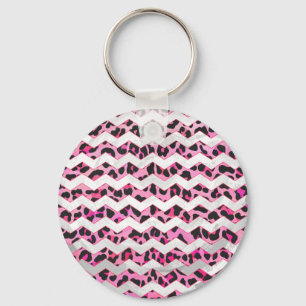 Leopard Black and Hot Pink Chevron Print Key Ring