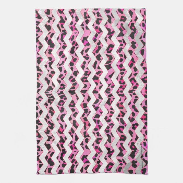 Leopard Black and Hot Pink Chevron Print Tea Towel (Vertical)
