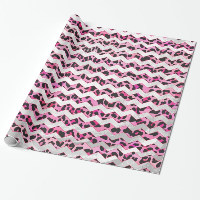 Leopard Black and Hot Pink Chevron Print Wrapping Paper (Unrolled)