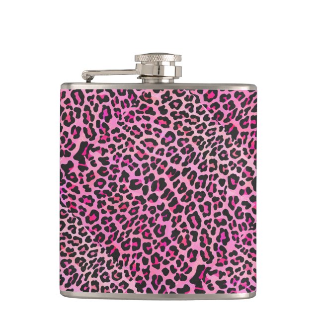Leopard Black and Hot Pink Print Hip Flask (Front)