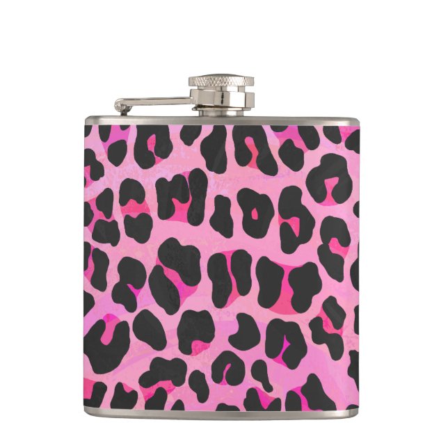 Leopard Black and Hot Pink Print Hip Flask (Front)