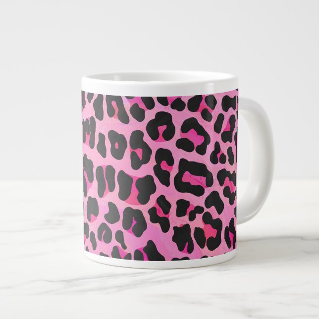 Leopard Black and Hot Pink Print Large Coffee Mug (Front Right)