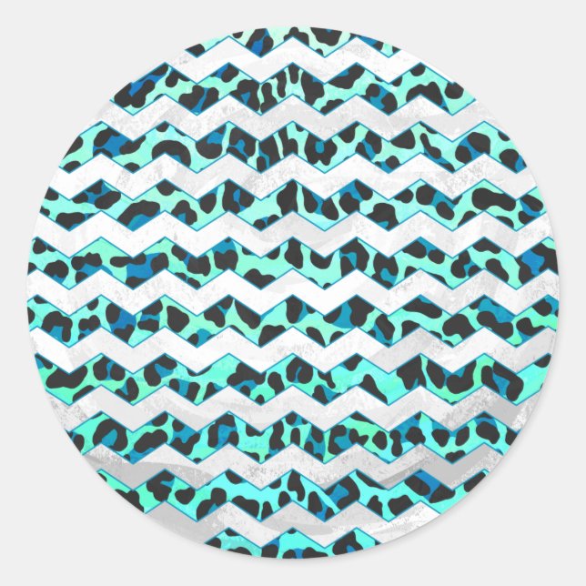 Leopard Black and Teal Print Classic Round Sticker (Front)