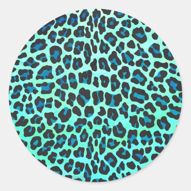 Leopard Black and Teal Print Classic Round Sticker (Front)