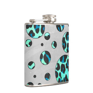 Leopard Black and Teal Print Hip Flask