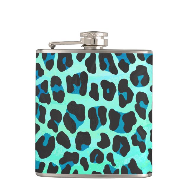 Leopard Black and Teal Print Hip Flask (Front)
