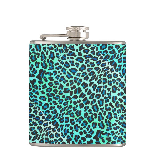 Leopard Black and Teal Print Hip Flask (Front)