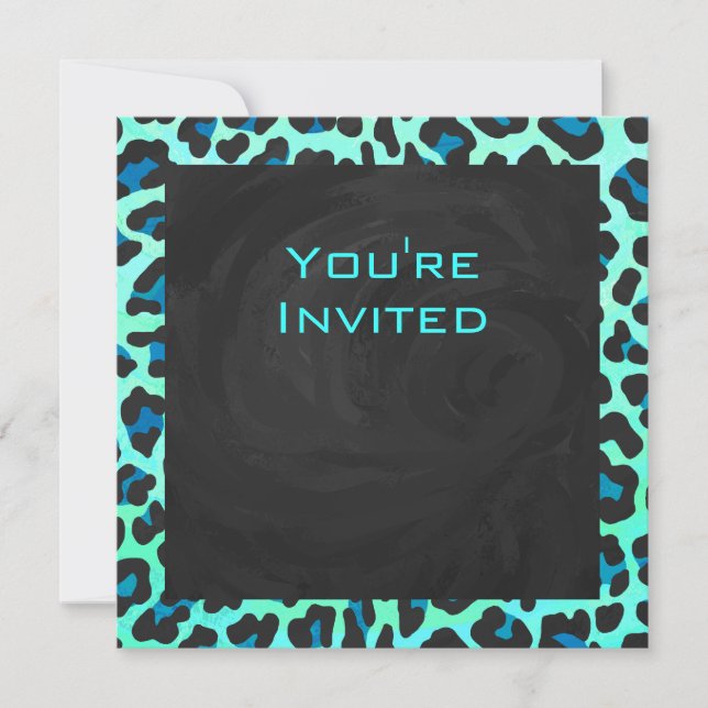 Leopard Black and Teal Print Invitation (Front)