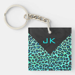 Leopard Black and Teal Print Key Ring