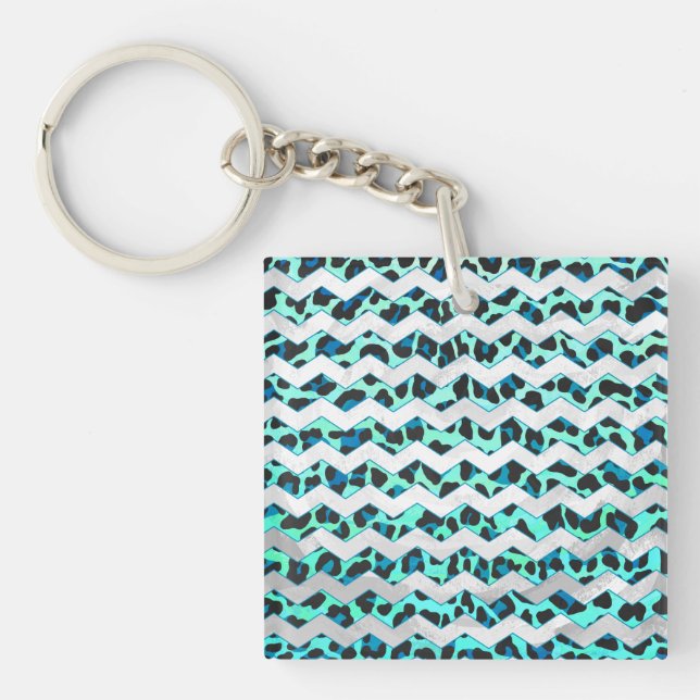 Leopard Black and Teal Print Key Ring (Front)