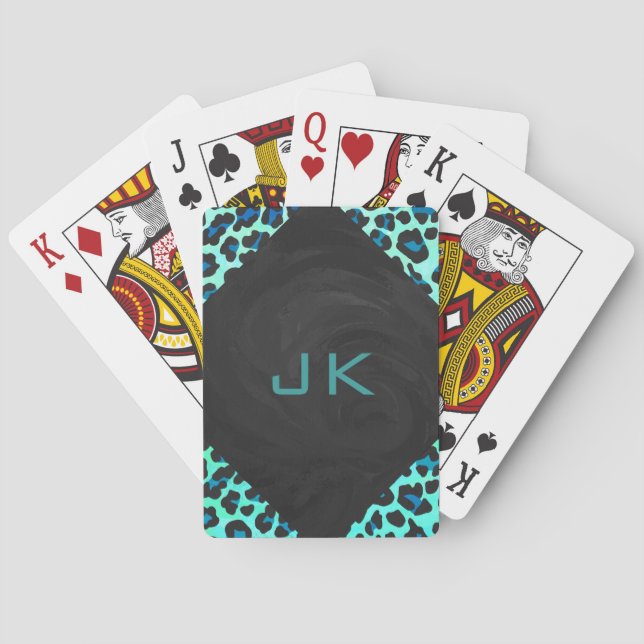 Leopard Black and Teal Print Playing Cards (Back)