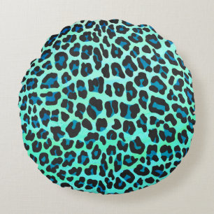 Leopard Black and Teal Print Round Cushion