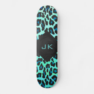 Leopard Black and Teal Print Skateboard