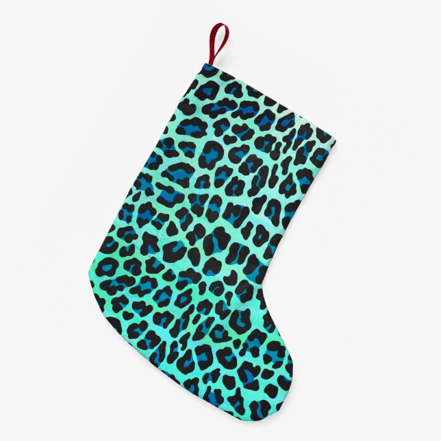Leopard Black and Teal Print Small Christmas Stocking (Front (Hanging))