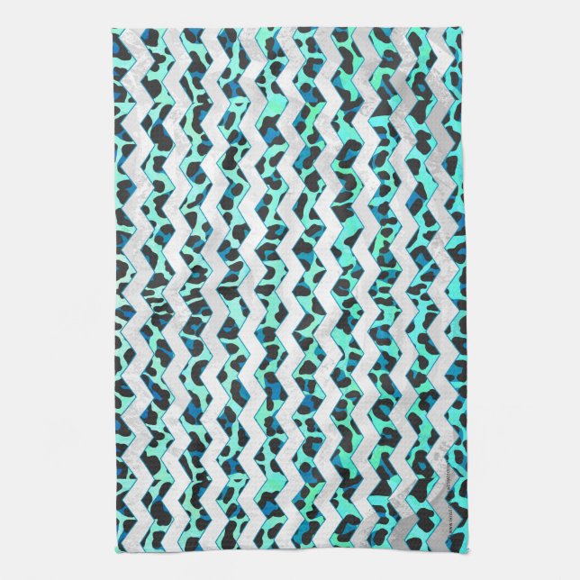 Leopard Black and Teal Print Tea Towel (Vertical)