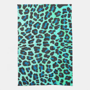 Leopard Black and Teal Print Tea Towel