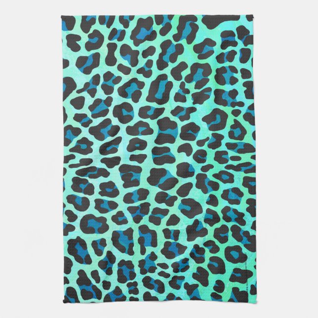 Leopard Black and Teal Print Tea Towel (Vertical)