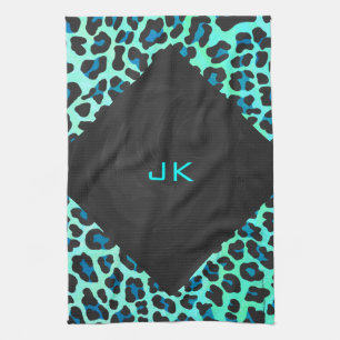 Leopard Black and Teal Print Tea Towel
