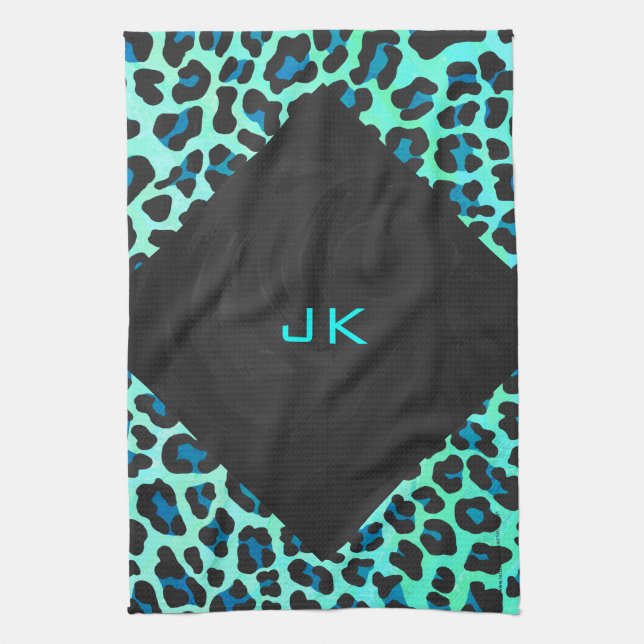 Leopard Black and Teal Print Tea Towel (Vertical)