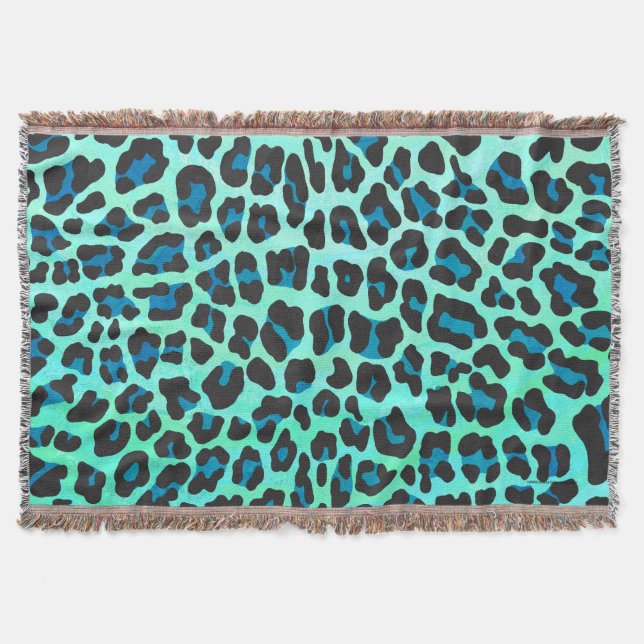 Leopard Black and Teal Print Throw Blanket (Front)